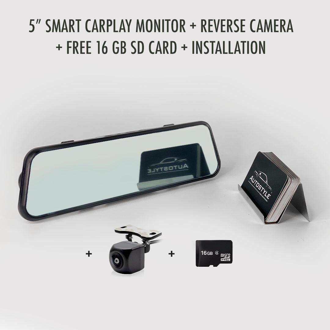 5" Smart CarPlay Mirror Monitor with Builtin Dash Cam + Reverse Camera + Free 16GB SD Card