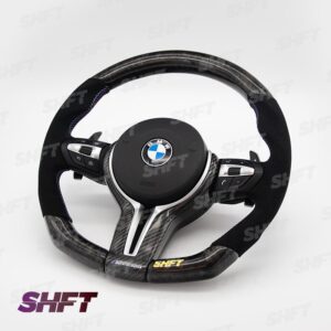 SHFT BMW F Series Flat Bottom Steering Wheel In Gloss Forged Carbon Fibre & Alcantara